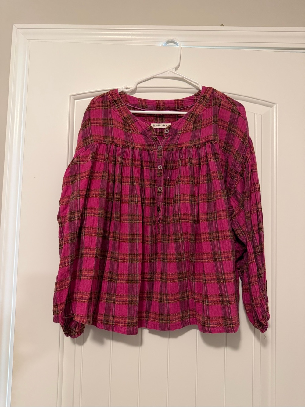 Free People Pink Plaid Button Front Blouse